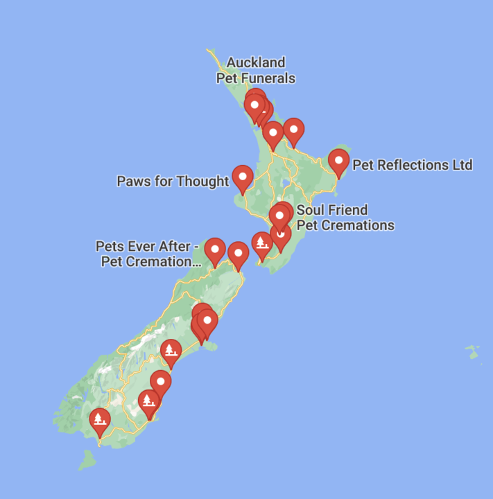 Map of the places you can do dog and cat cremation in New Zealand