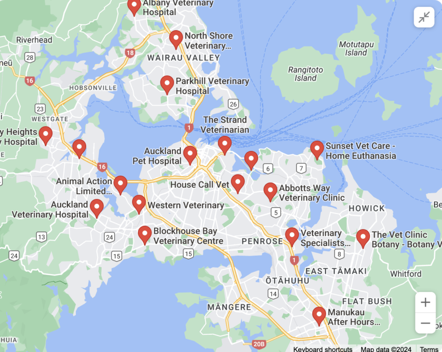 Map of the clinics where you can euthanize your dog or your cat in Auckland