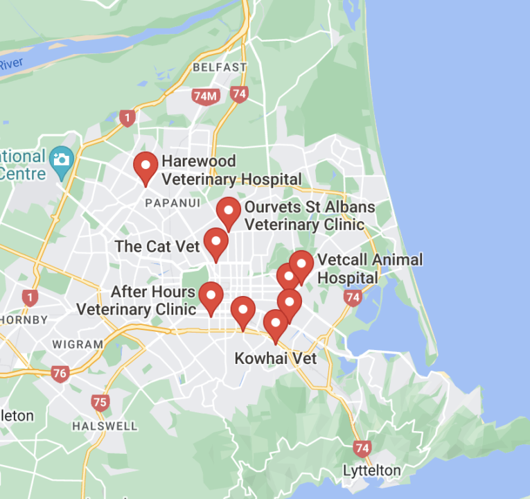 Map of the clinics where you can euthanize your dog or your cat in Christchurch